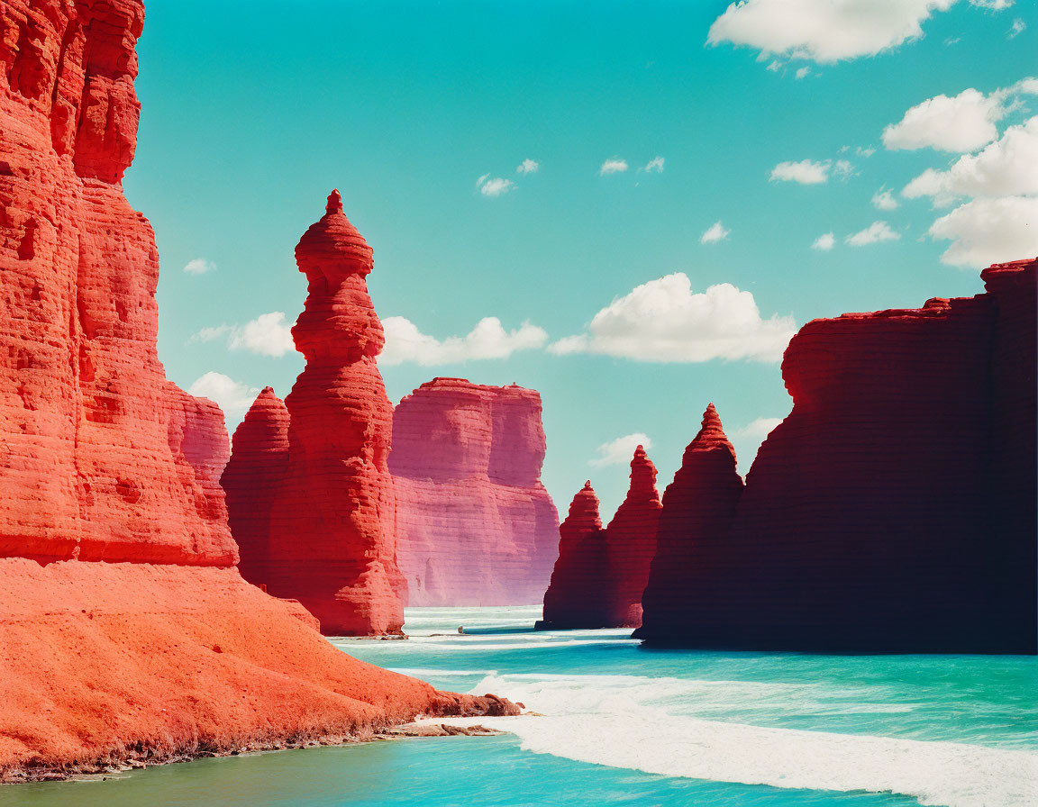 Majestic red rock formations by turquoise water under blue sky