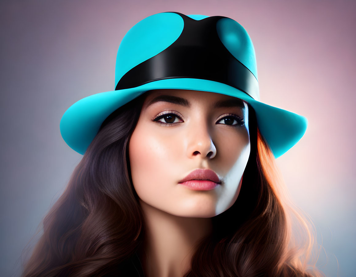 Long-haired woman in turquoise hat gazes thoughtfully on gradient backdrop