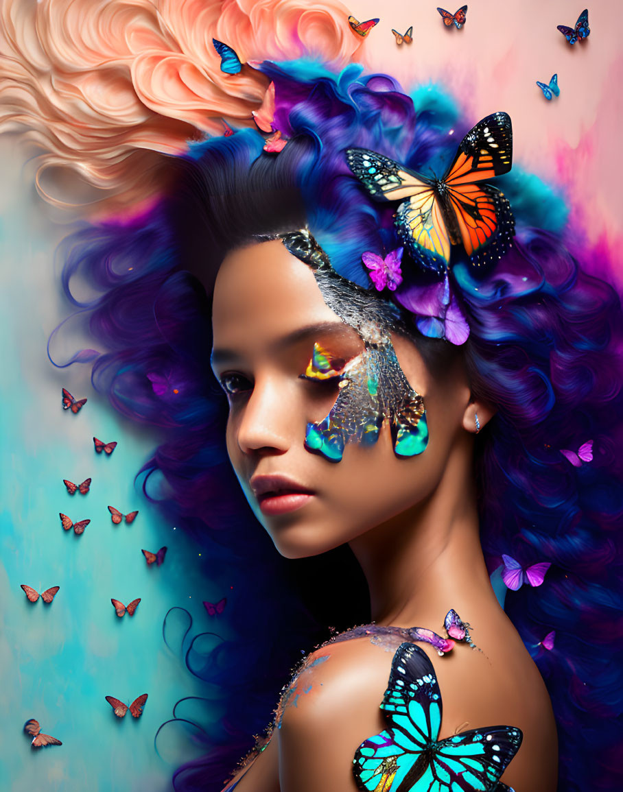 Vibrant blue and purple hair woman with butterflies on pastel background