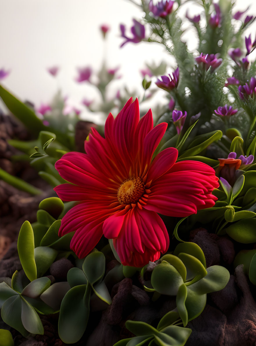 Vibrant Red Flower Among Green Succulents and Purple Flora