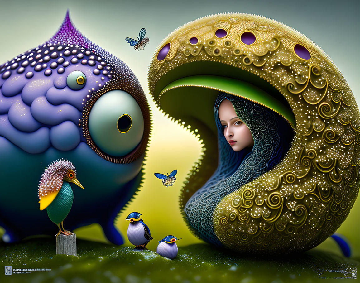 Surreal artwork: Woman in spiral with bird and creatures on green backdrop