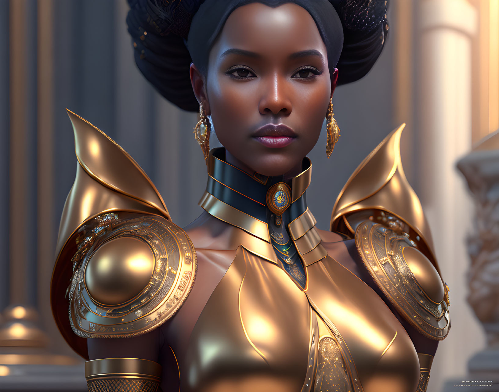 Digital Artwork: Woman in Golden Armor with Shoulder Pads and Choker Necklace