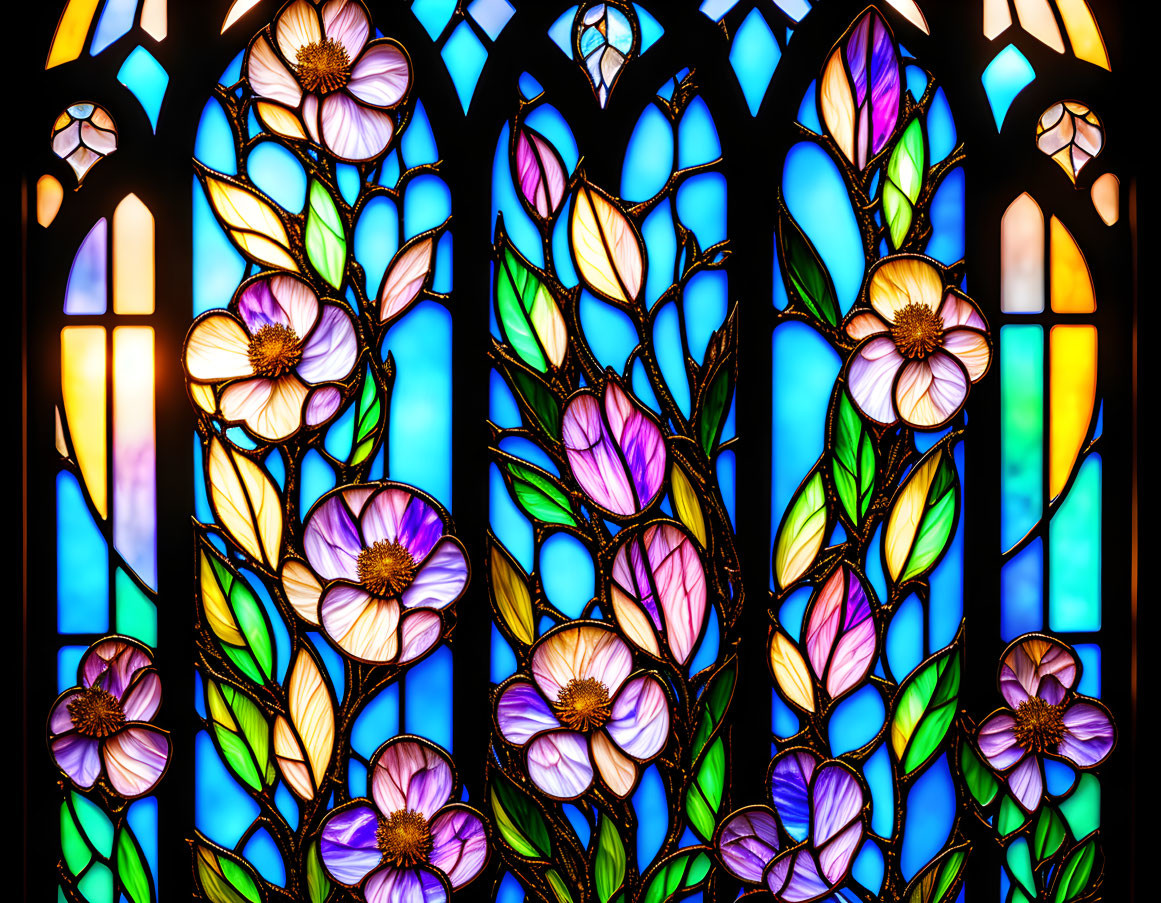 Colorful floral pattern stained glass window with purple and white flowers.