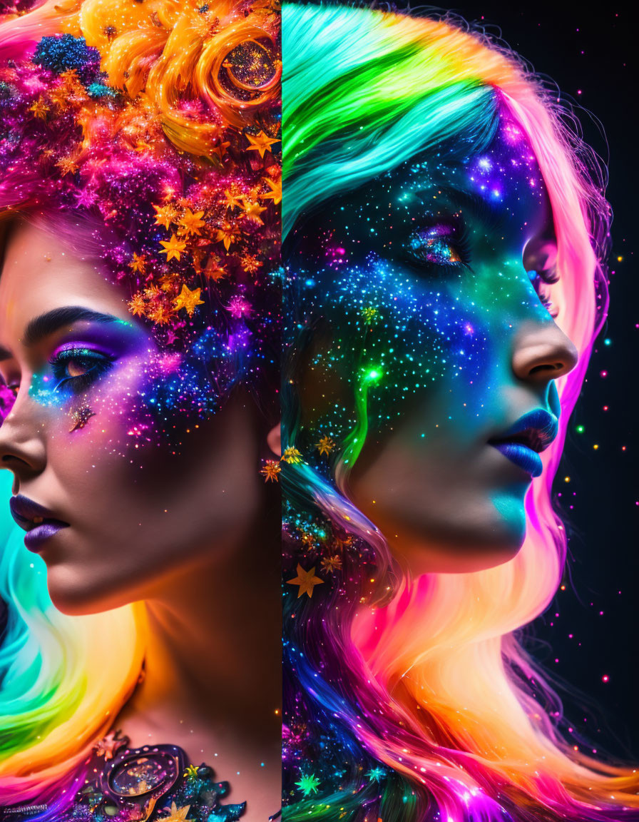 Dual space-themed body paint portraits of woman with colorful hair