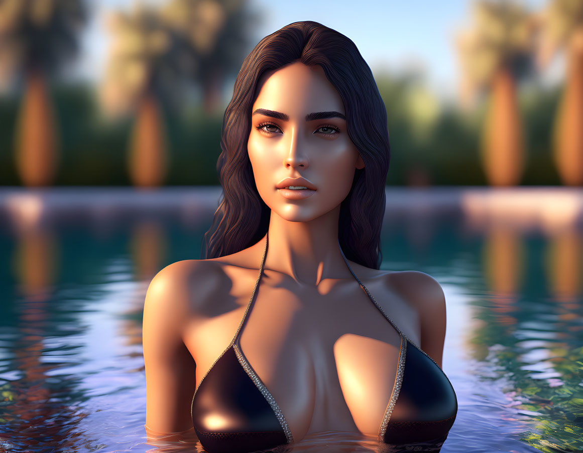 3D-rendered image of woman in black swimsuit by poolside at dusk