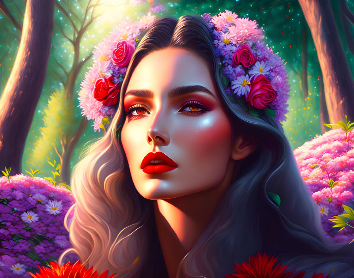 Detailed Illustration: Woman with Floral Crown in Magical Forest