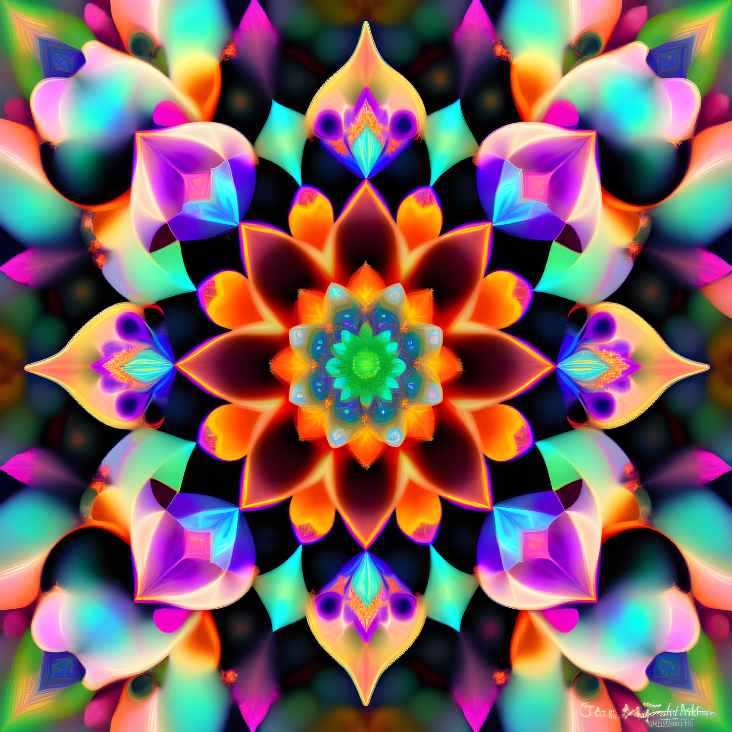 Colorful digital kaleidoscope with symmetrical neon patterns