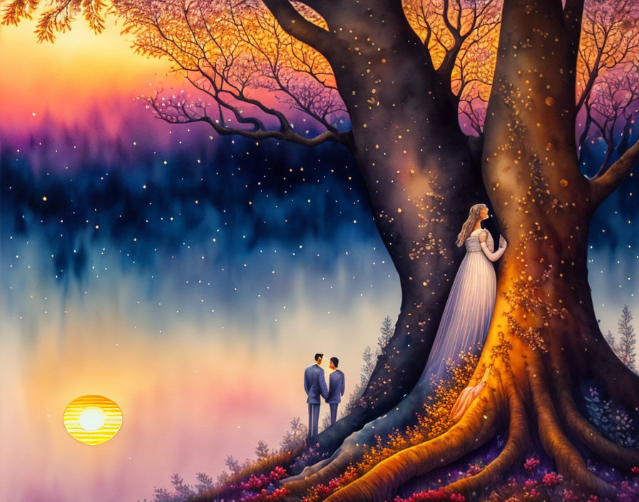 Colorful digital artwork: Couple under tree in dreamy landscape