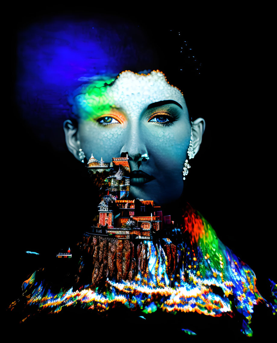 Vibrant digital art: Woman's face merges with fantasy textures and castle structure