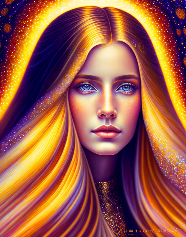 Digital Artwork: Woman with Golden Hair and Blue Eyes on Purple Starry Background