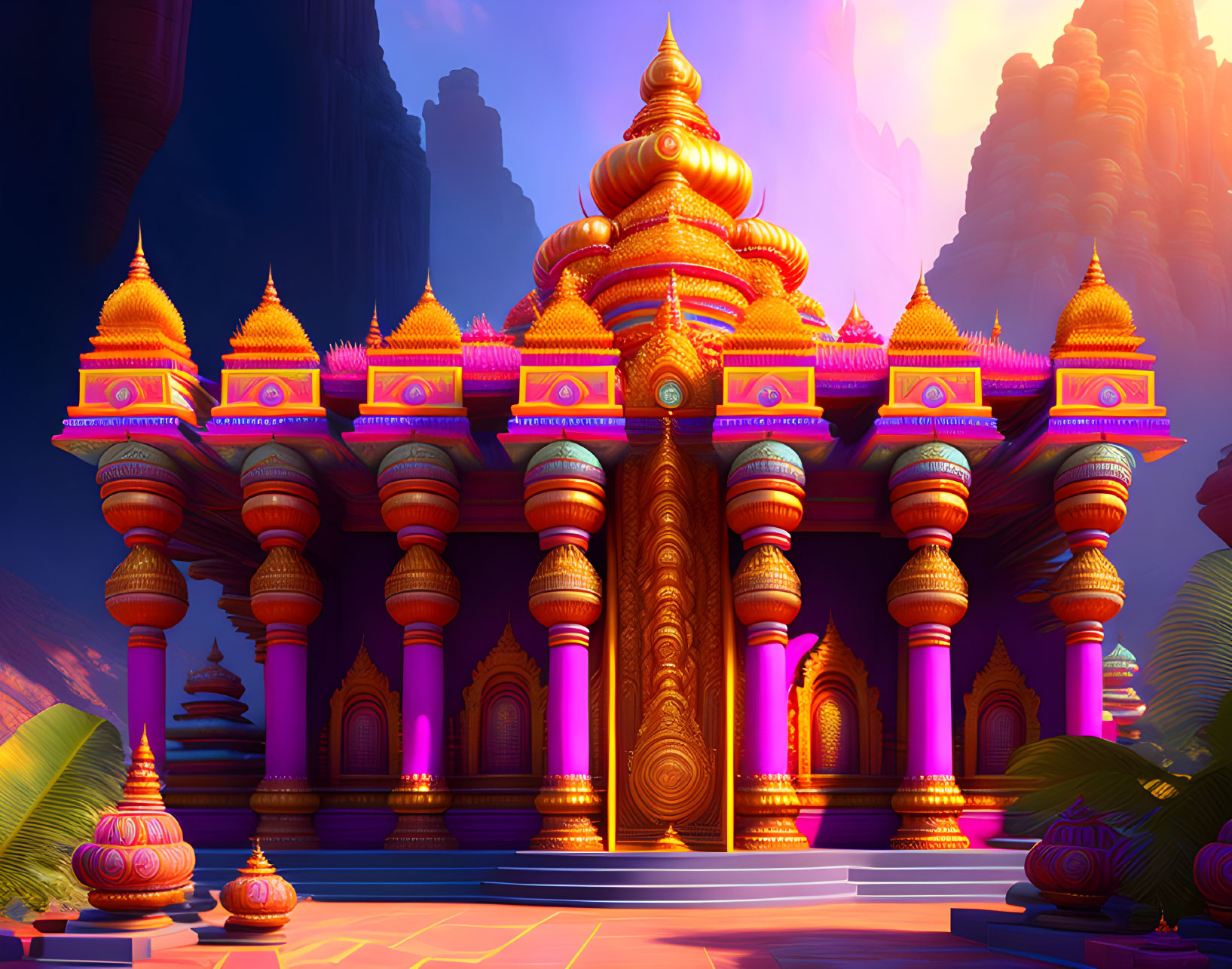 Digitally Rendered Palace with Golden Domes and Colorful Pillars