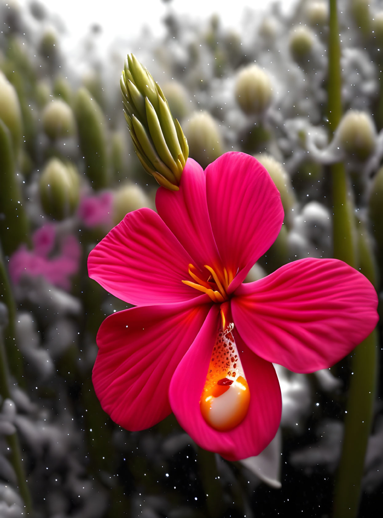 Pink flower with dewdrop and buds on monochrome background