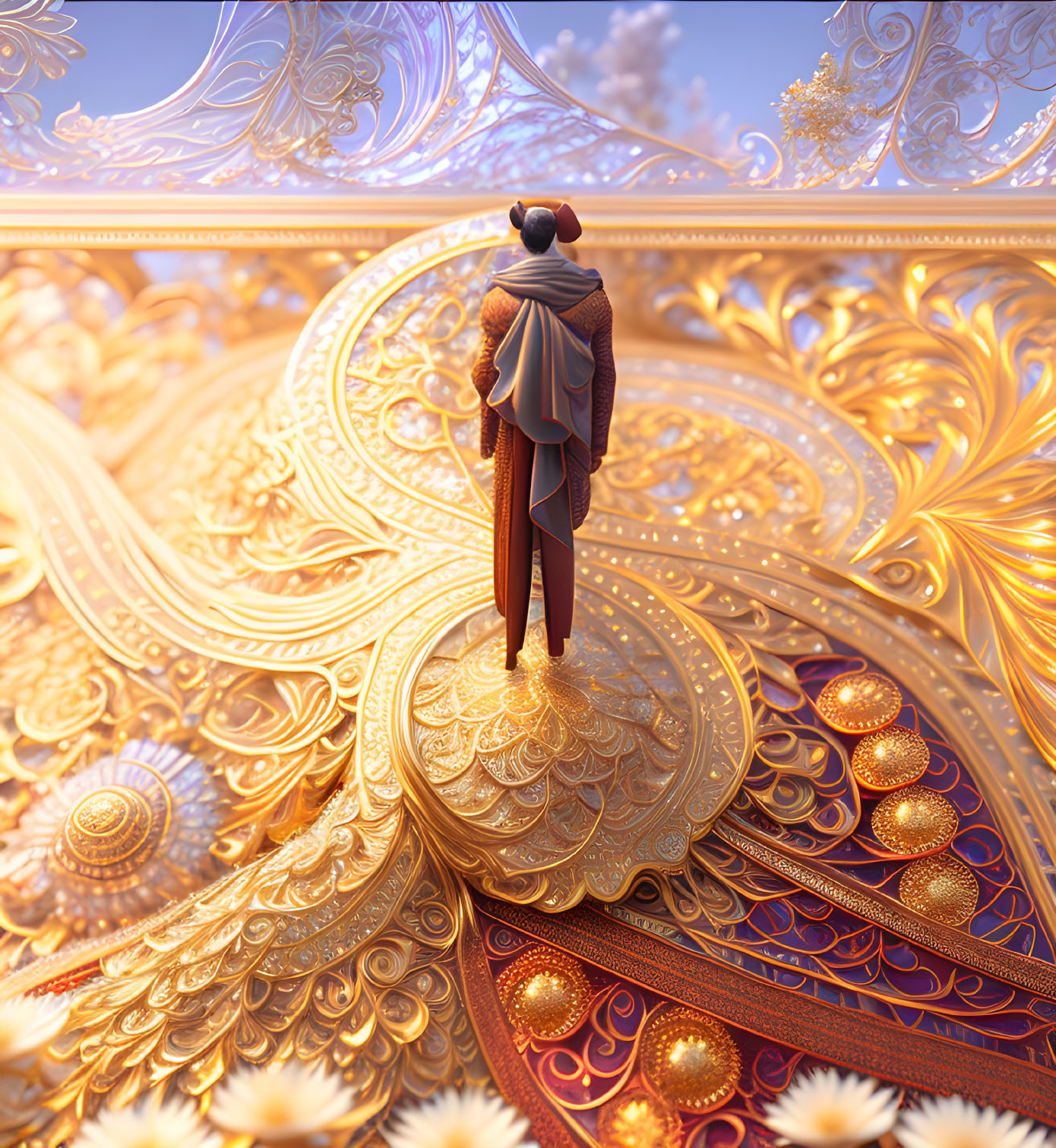 Person standing on ornate golden filigree structures under warm glowing sky