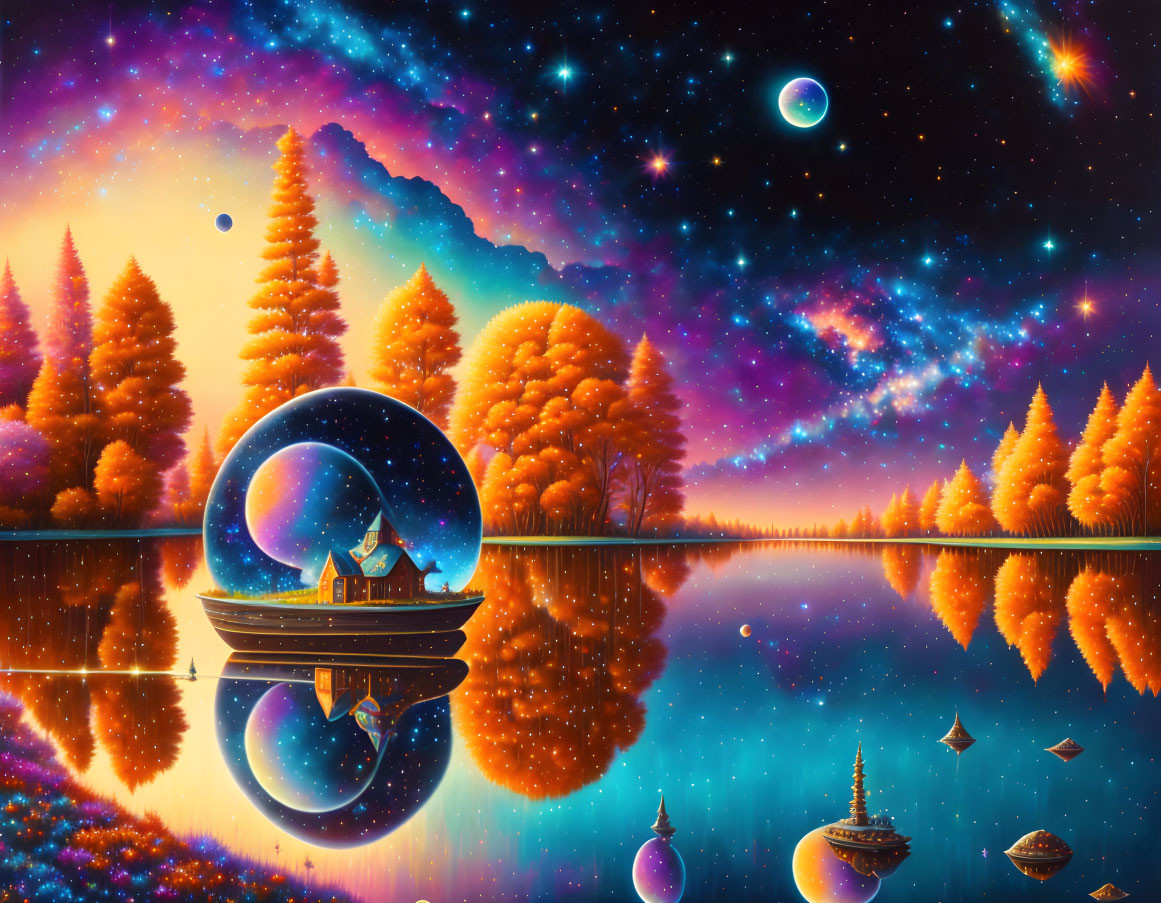 Fantasy landscape with autumn trees, cosmic sky, floating islands, and spherical habitat.