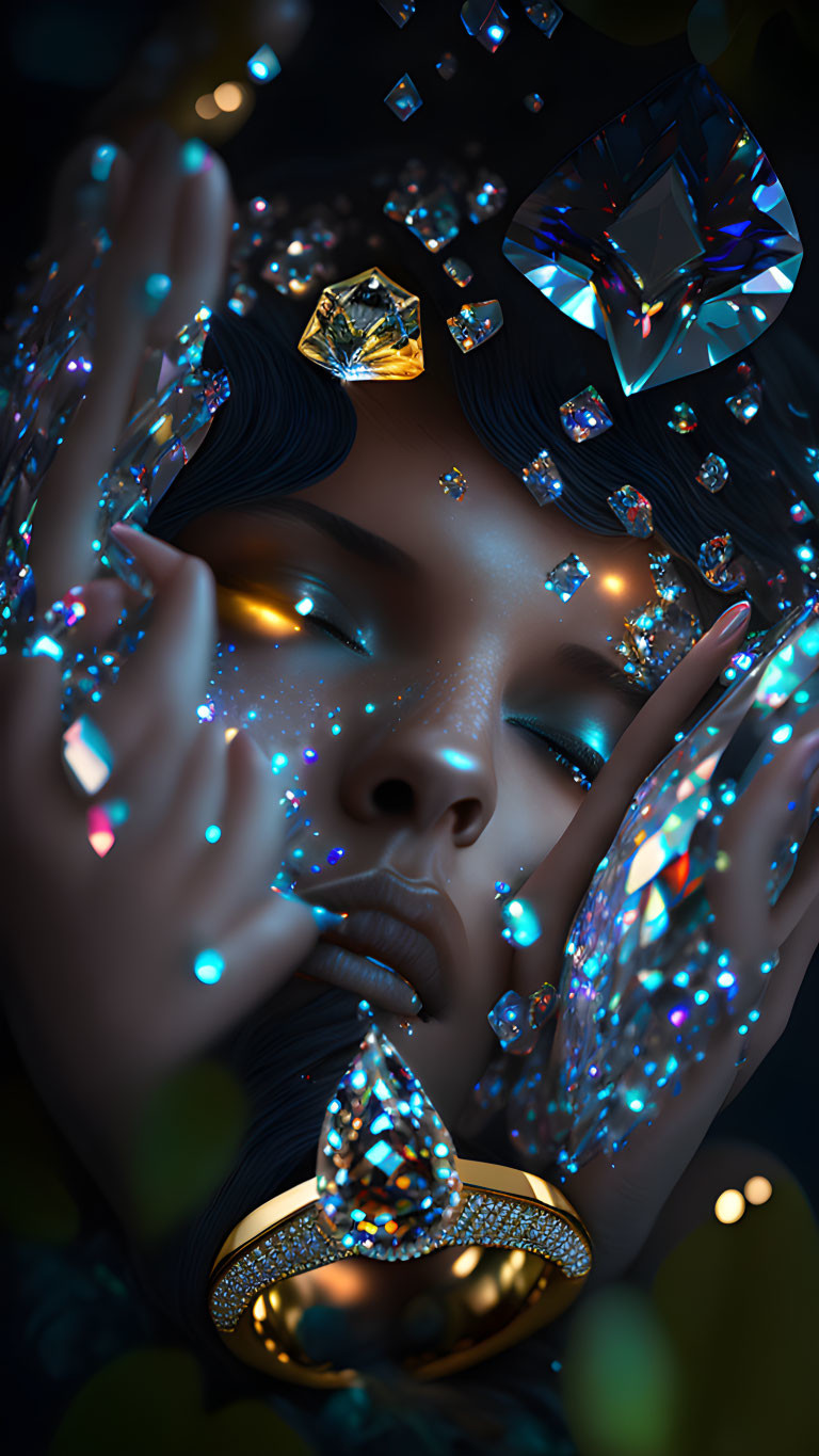 Surreal image: Woman with gemstones on dark background