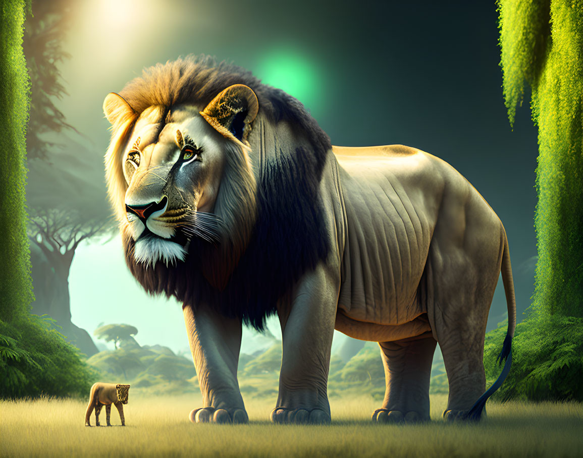 Majestic lion in sunlit savanna with small figure in background