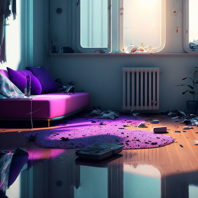 Flooded Room at Twilight with Glowing Purple Bed and Plants