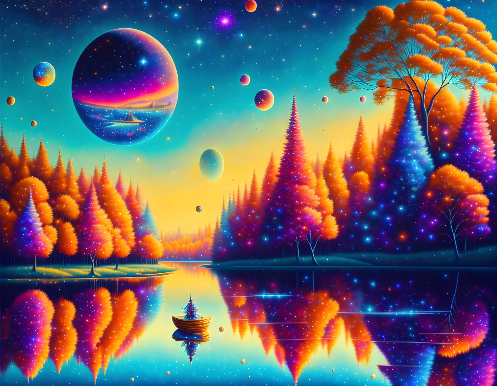 Colorful Landscape with Reflective Lake, Boat, Autumn Trees, and Starry Sky