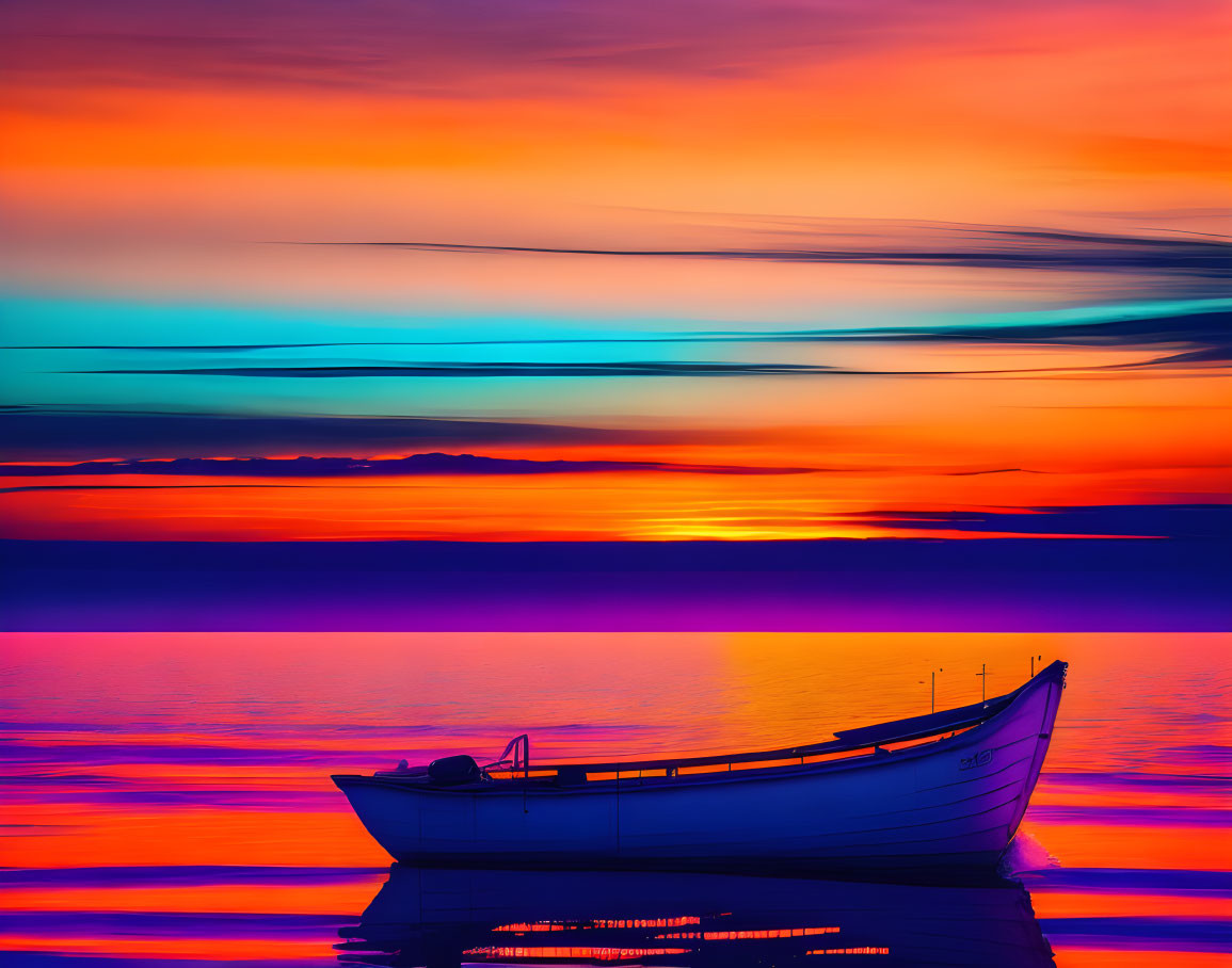 Colorful Sunset Scene with Boat Silhouette and Tranquil Sea