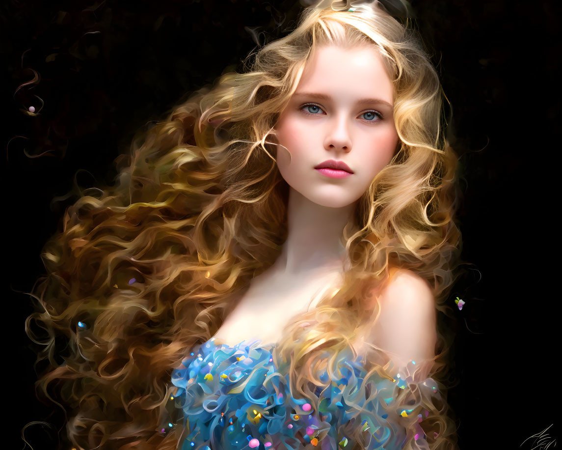 Young woman with blonde curls and blue eyes in sparkly dress