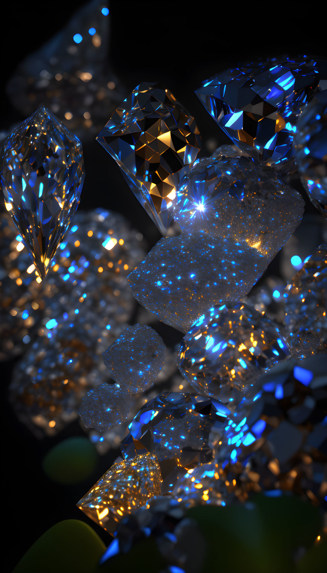 Shimmering gemstones with intricate cuts in dynamic lighting