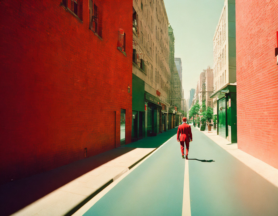 Person in red outfit walking down sunlit urban street with red buildings