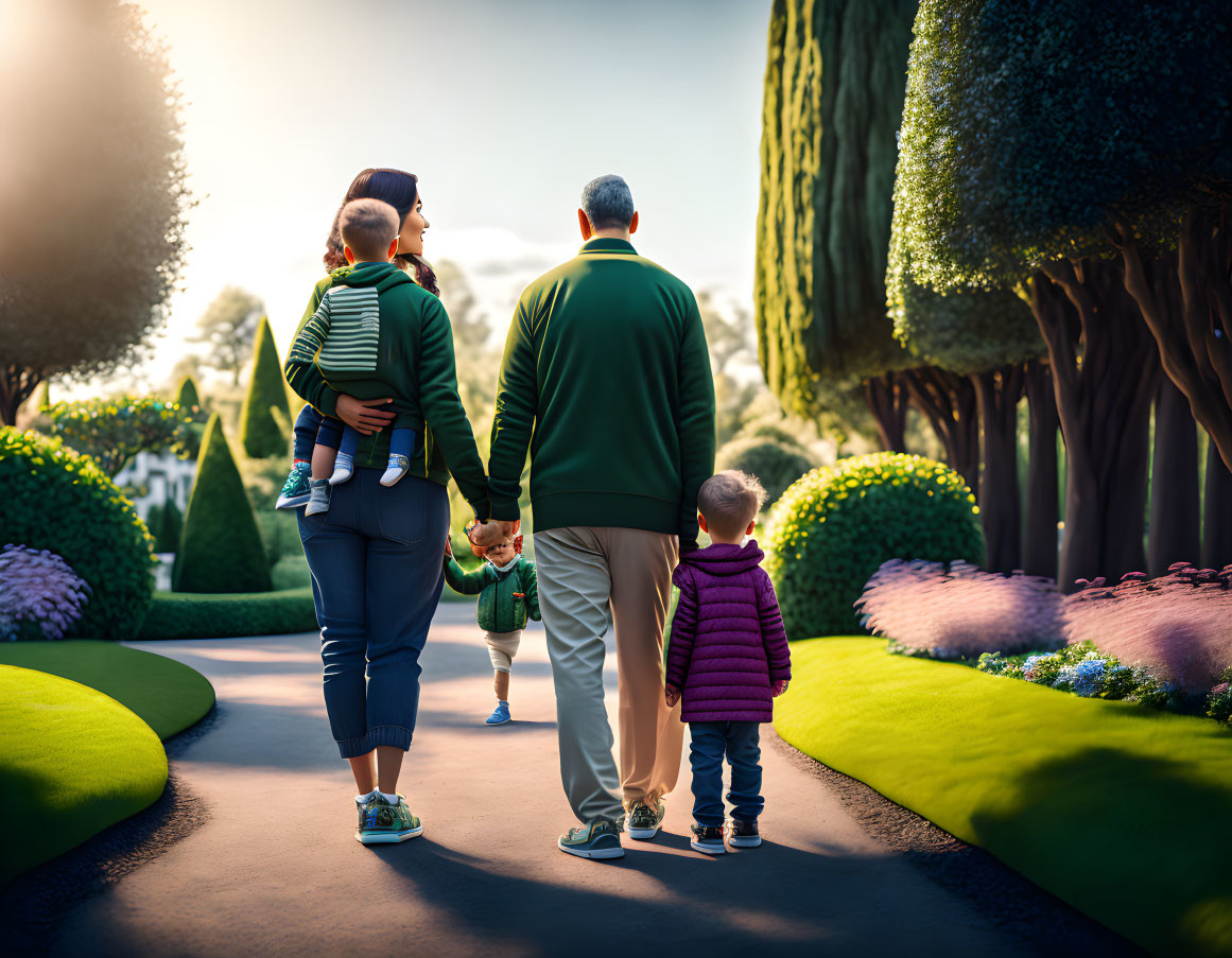 Family of Four Walking in Garden: Adult Carrying Child on Shoulders