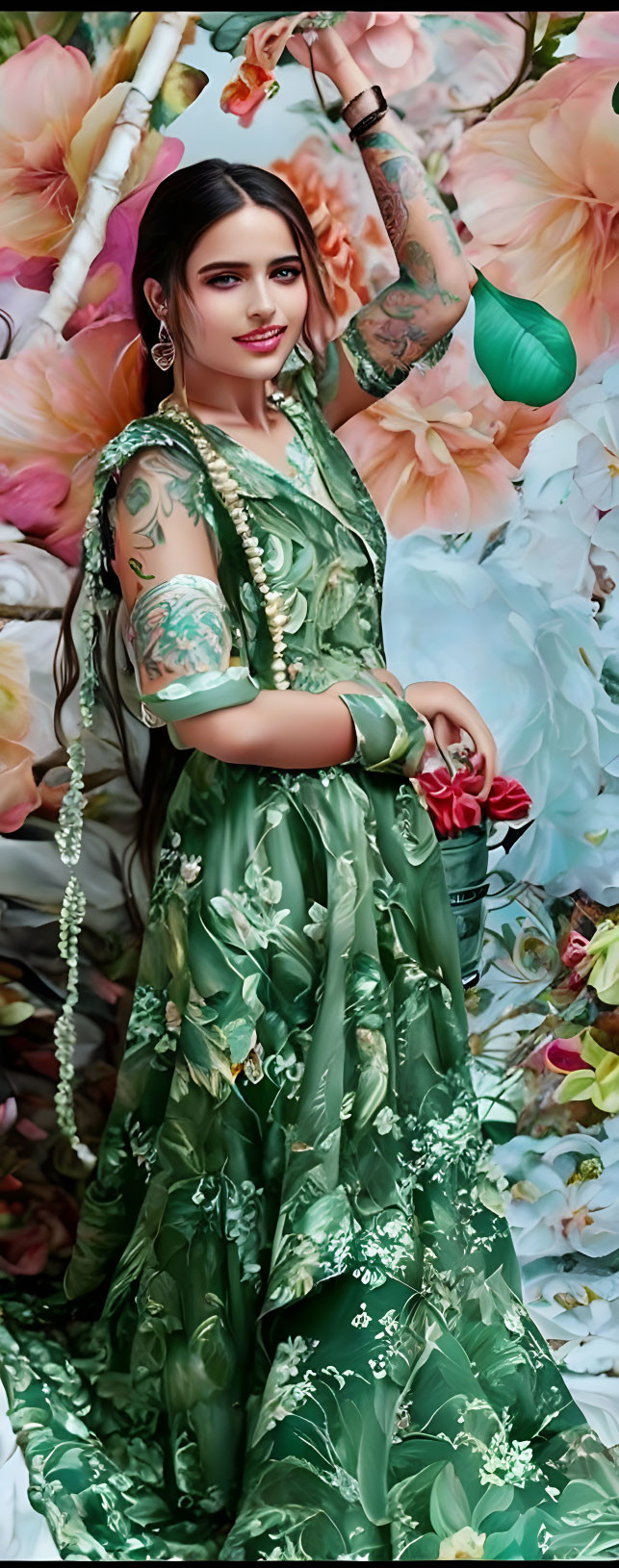 Traditional dress woman with raised hand and tattoos in floral setting