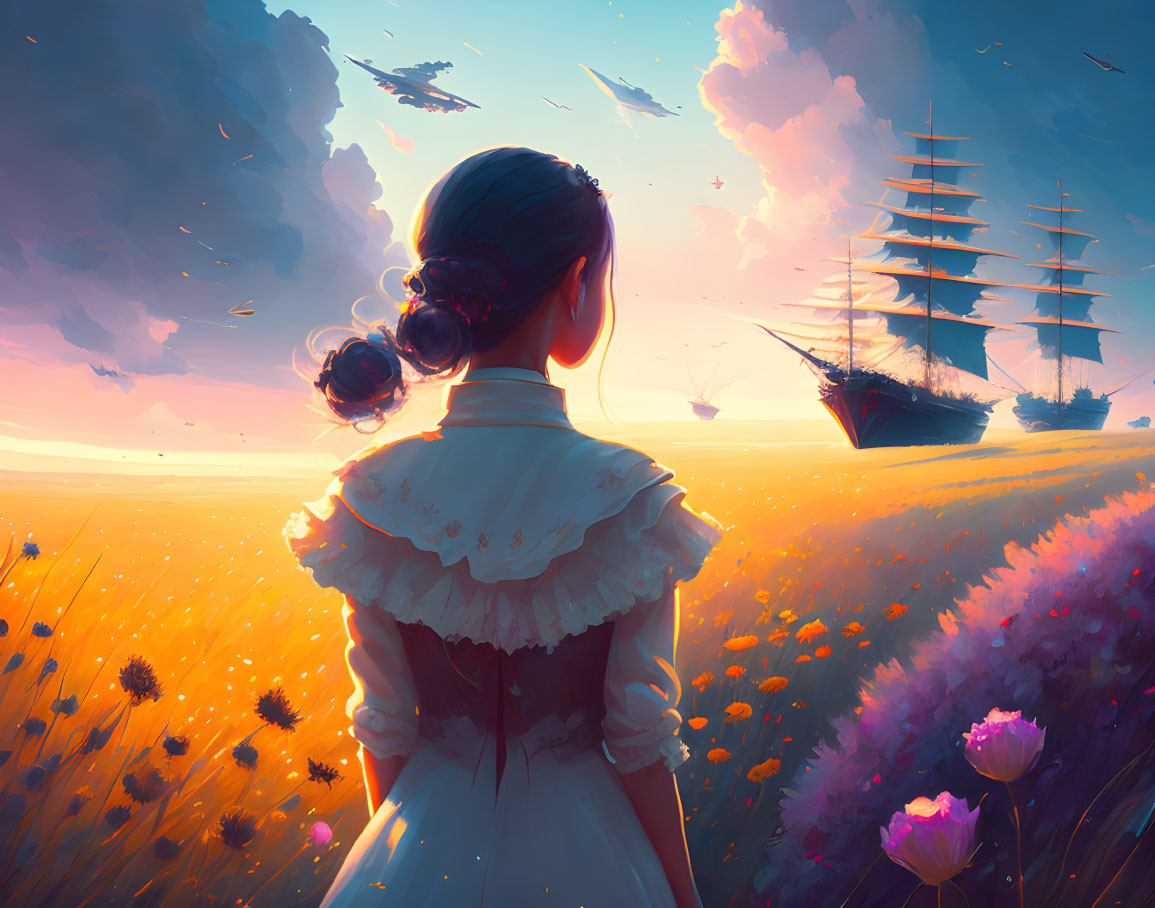 Woman in vintage dress amid vibrant flower field at sunset with sailing ships in sky