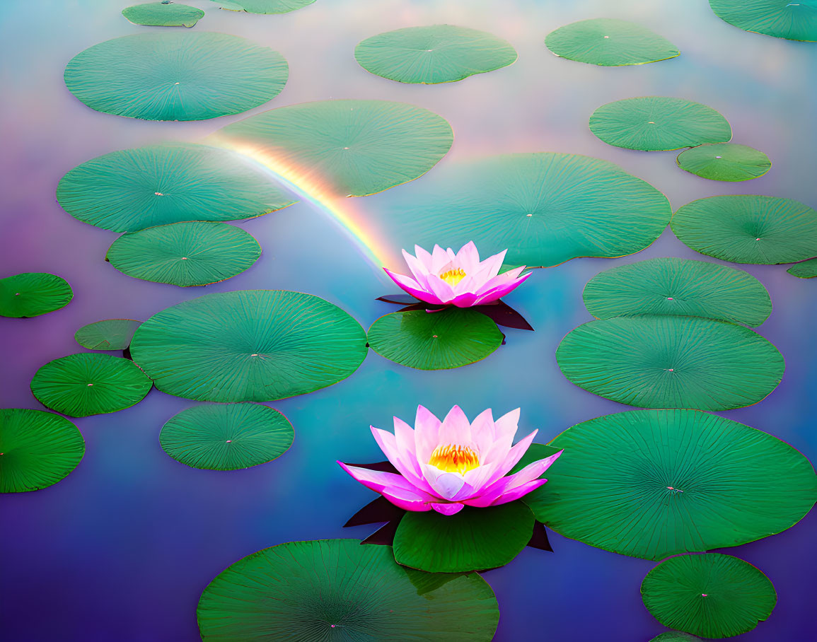 Tranquil pond scene: Pink lotus flowers, green lily pads, soft rainbow