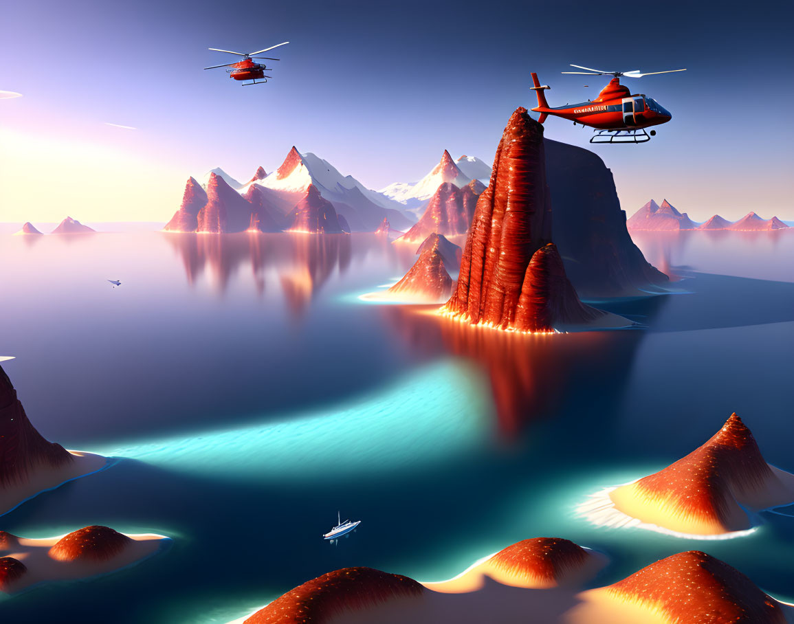 Helicopters over misty turquoise waters with red rock formations and snow-capped mountains