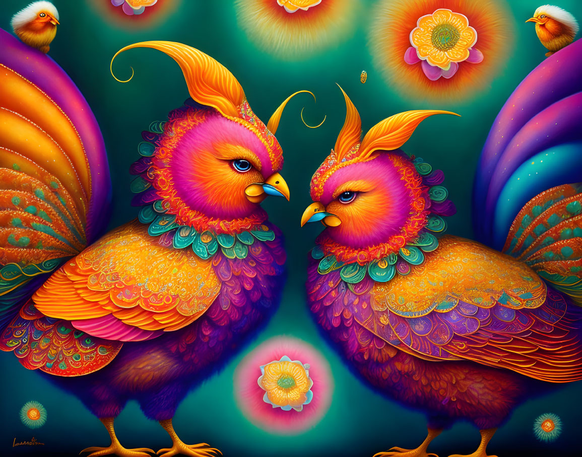 Colorful mythical birds with intricate feathers and ornate crests in a whimsical floral setting.