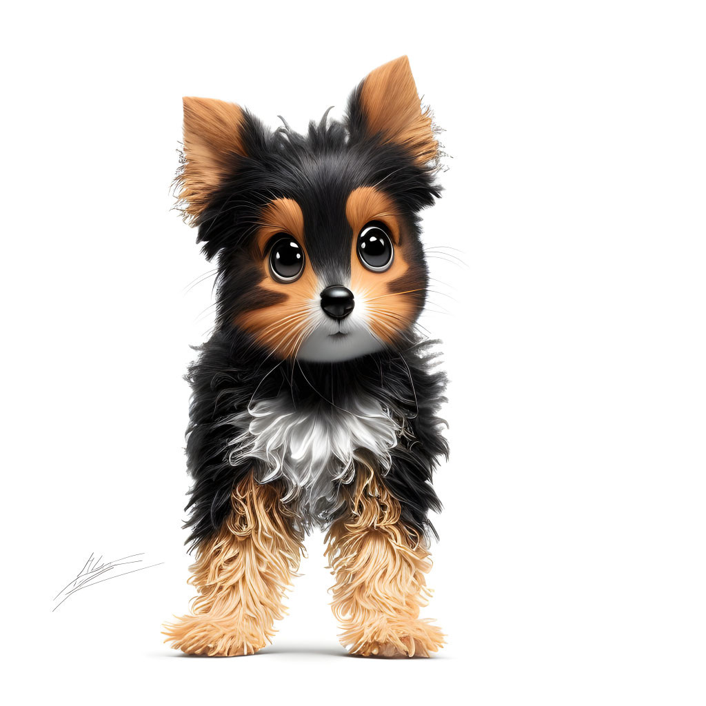 Fluffy black and tan puppy with expressive eyes on white background