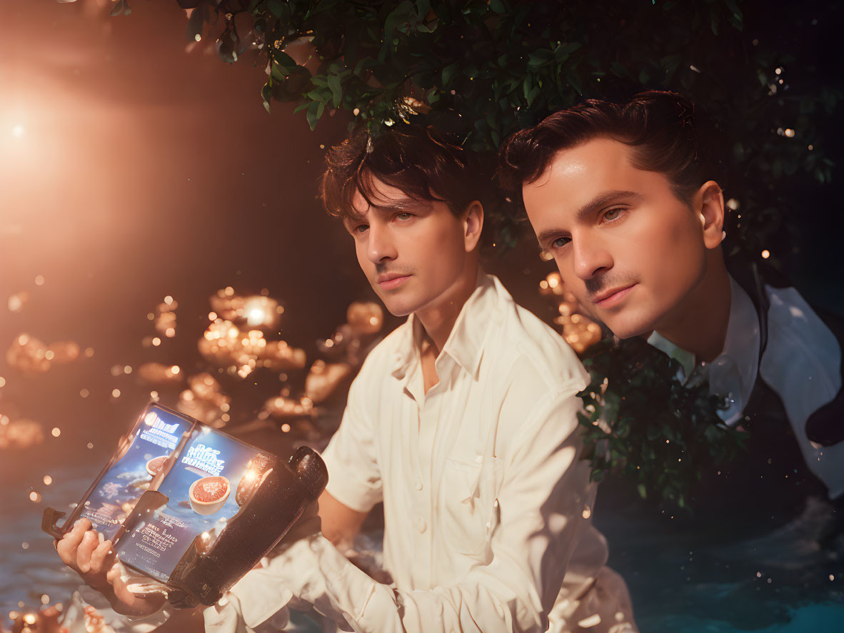 Identical men holding illuminated ship bottle in reflective water