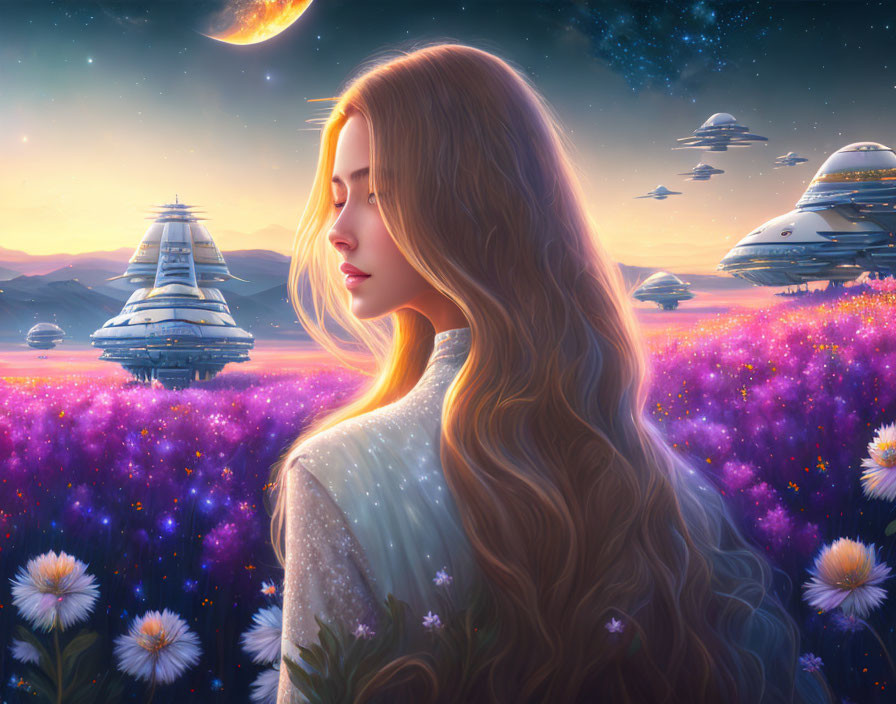 Long-haired woman in surreal landscape with purple flowers, spaceships, and distant planet