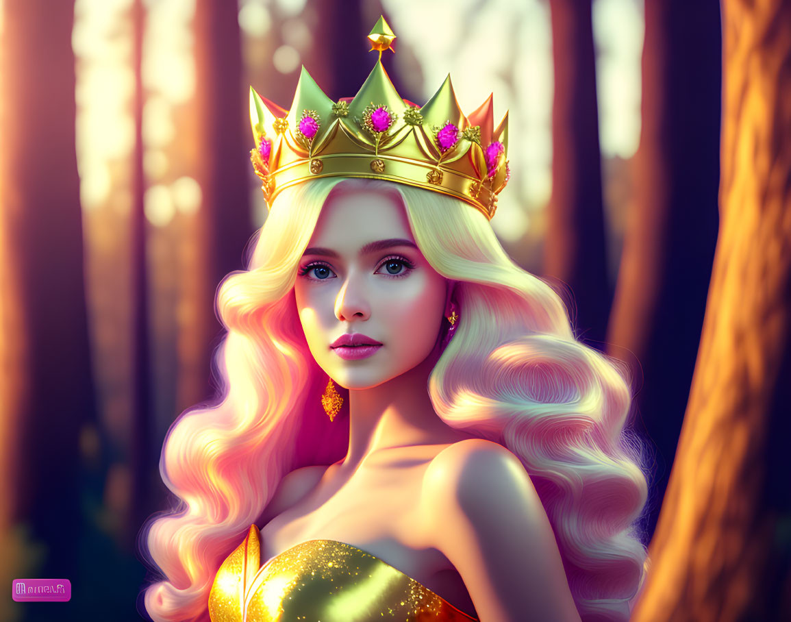 Fairytale queen digital artwork with golden crown and pink roses