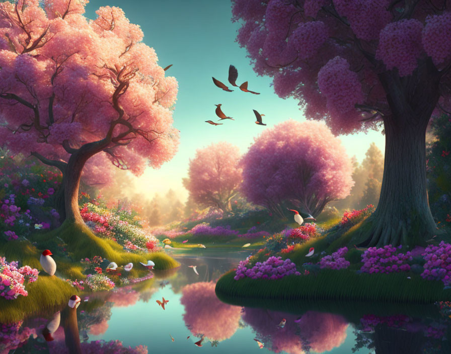 Serene fantasy landscape with pink trees, blooming flowers, birds, and reflective river at dawn or