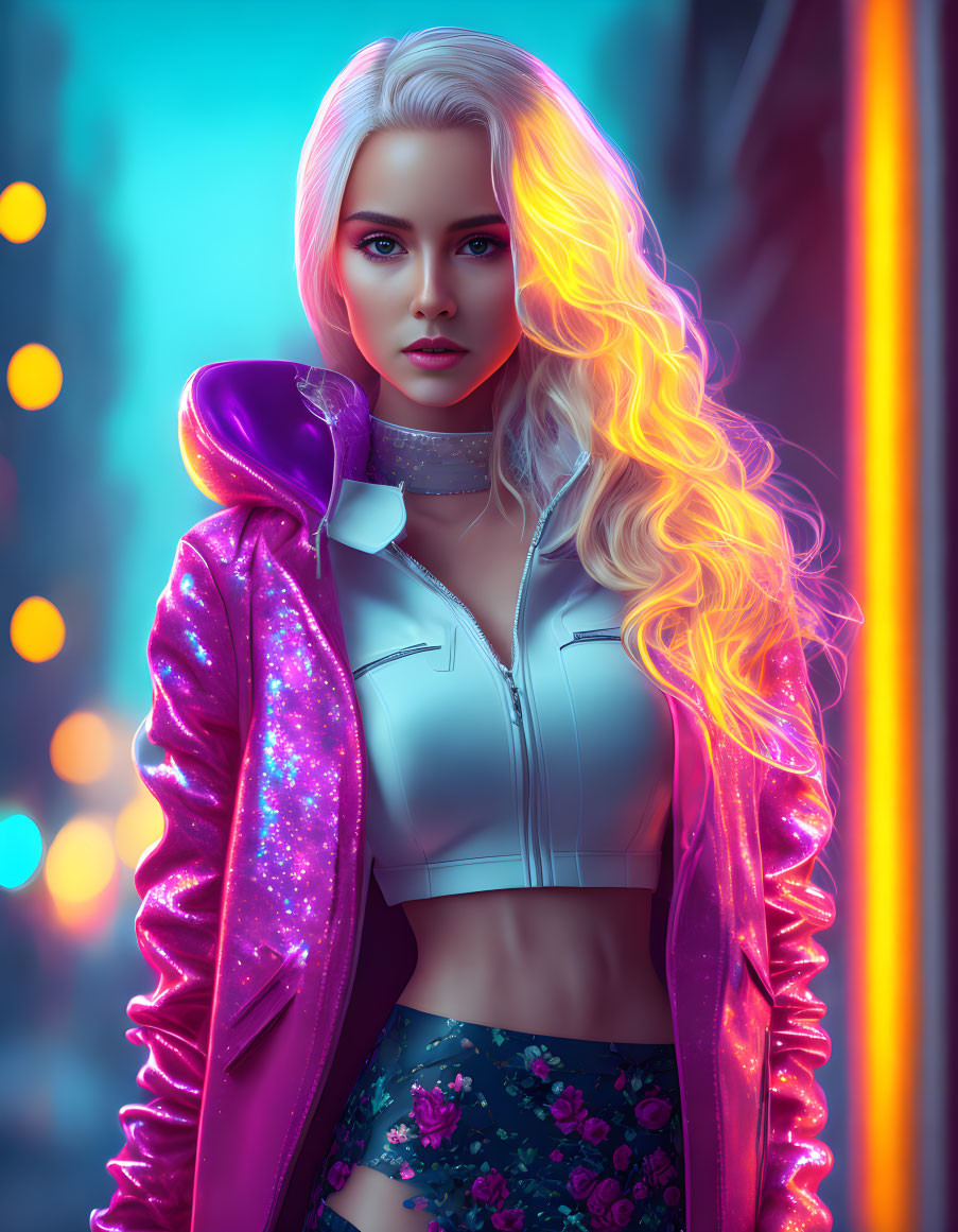 Neon-haired woman in purple jacket against cityscape.