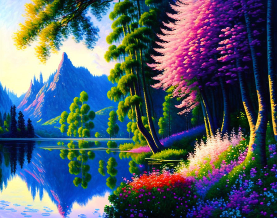 Scenic landscape: pink and green trees, lake reflection, mountain backdrop