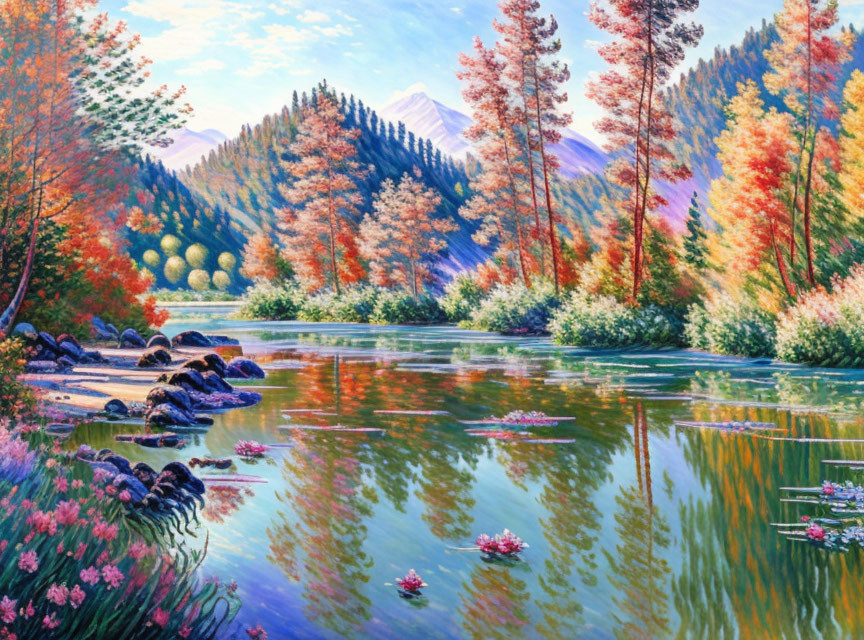 Scenic autumn river painting with mountains and colorful trees