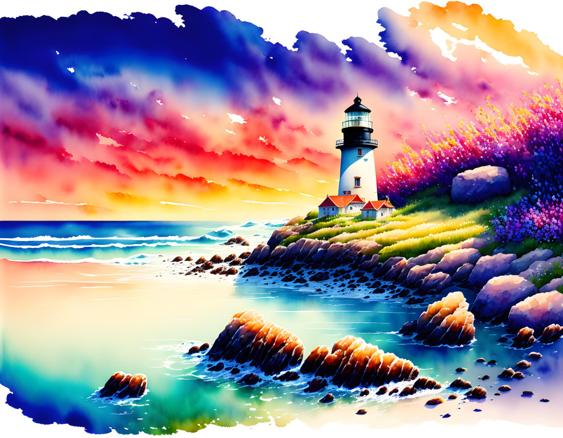 Coastal scene painting: lighthouse, rocky shores, blooming flowers, dramatic sunset sky