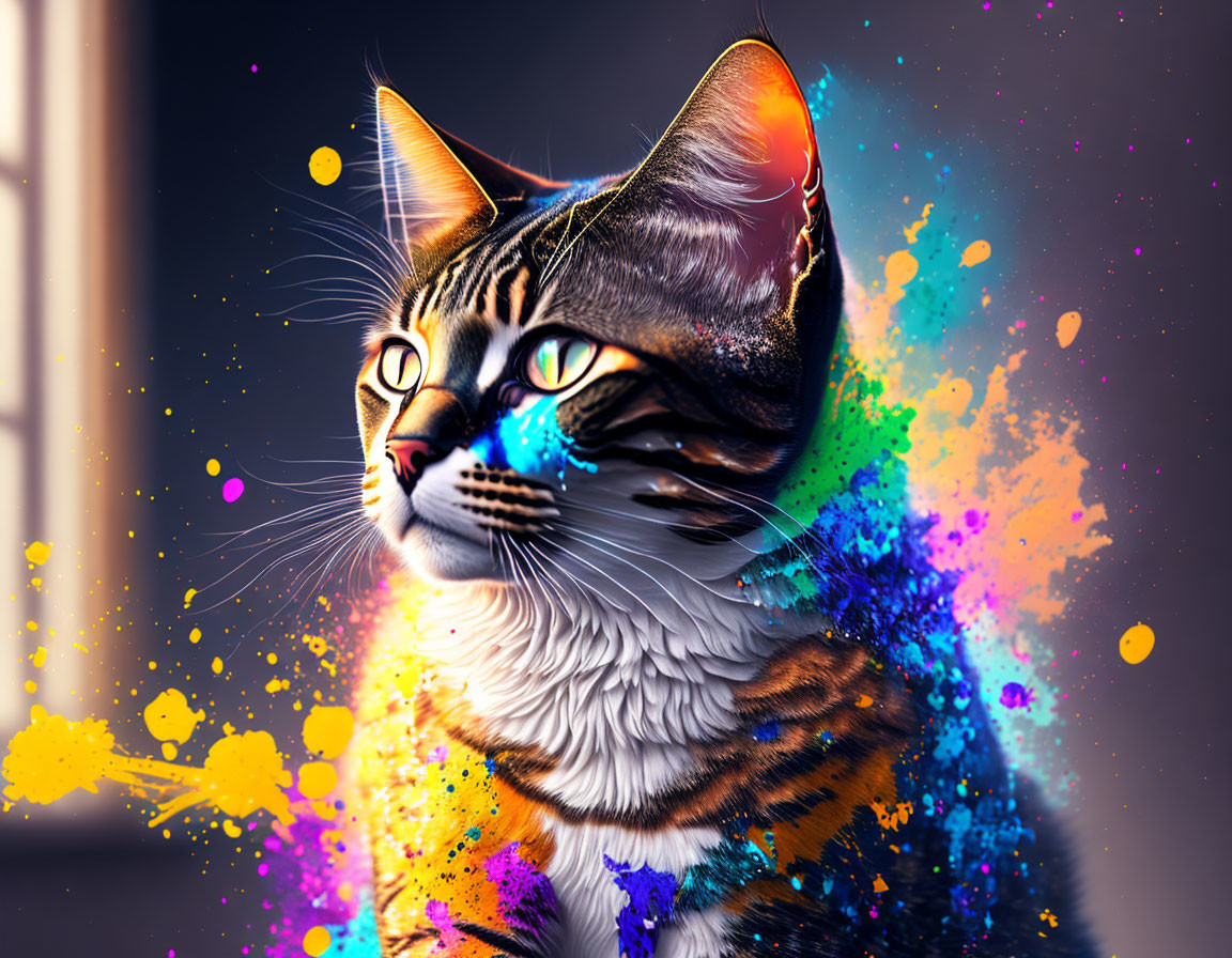 Colorful Digital Artwork: Neon Cat with Blue, Orange, and Yellow Paint Effects