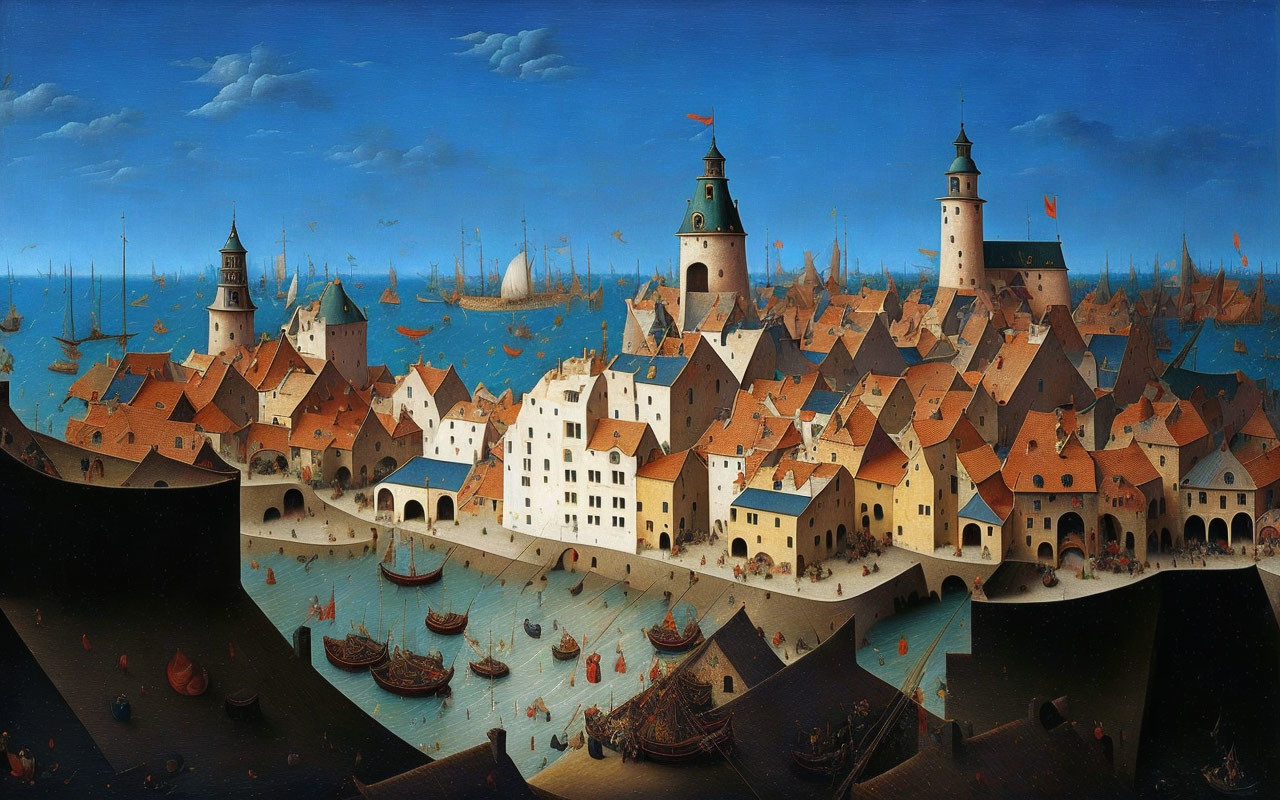 Panoramic Renaissance European Seaport with Ships & Vibrant Rooftops