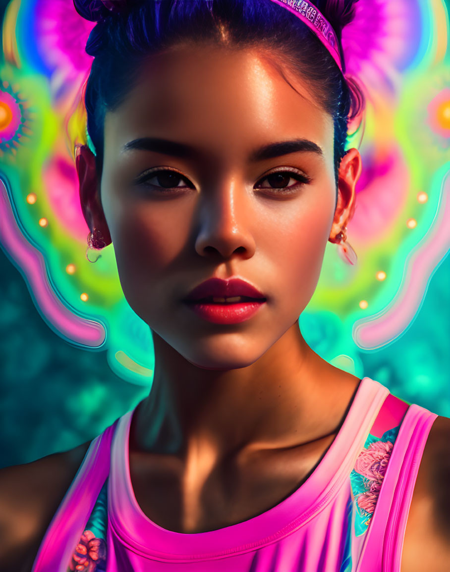 Colorful portrait of woman in pink tank top with headband and earrings