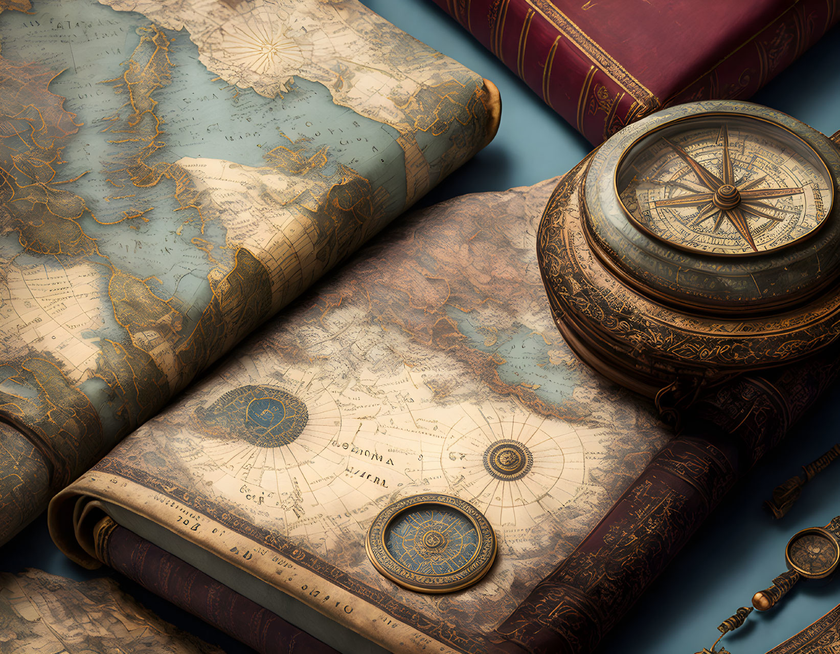 Vintage Maps and Compass on Table: Exploration and Navigation Theme