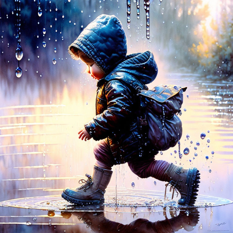 Child in winter jacket walks through frozen puddle with magical light.