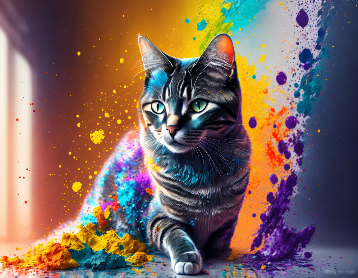 Vibrant digital art: colorful cat with dynamic lighting and paint splashes