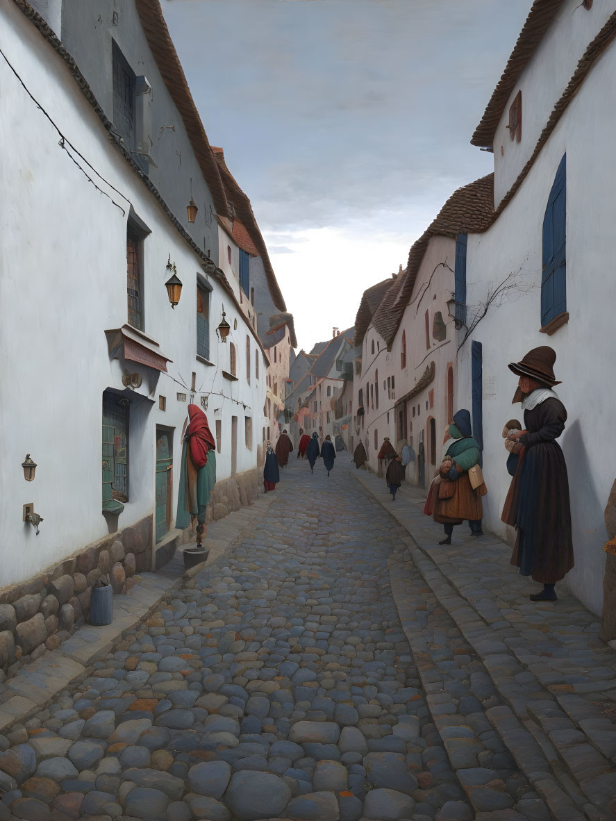 Historic village scene with cobblestone street, period costumes, antique lamps, old-style houses,