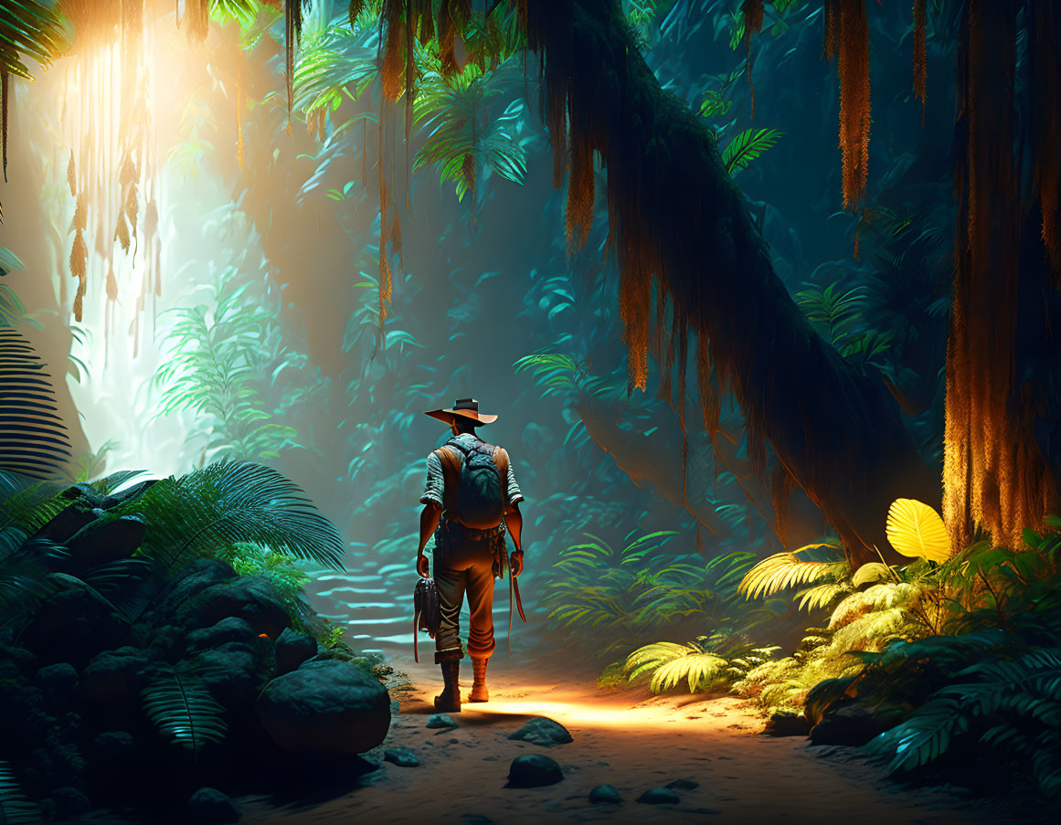 Explorer in Hat and Backpack in Lush Jungle with Towering Trees