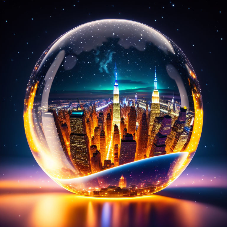 Cityscape in transparent sphere under starry night sky